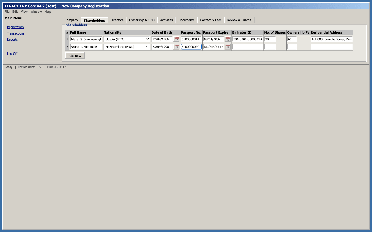 Fills each tab from extracted data. Mock legacy ERP screen from a proof of concept, showing fictional data.