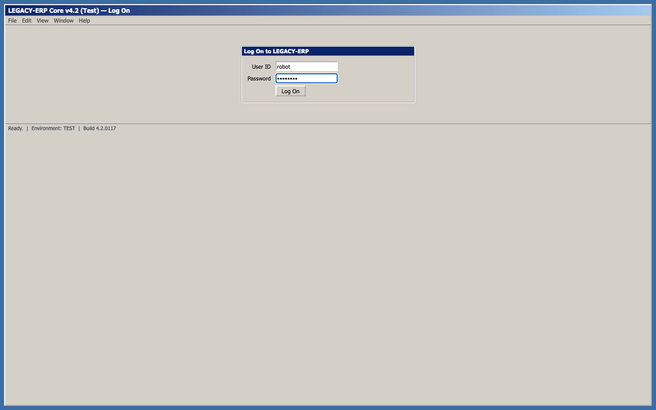 Signs in like an operator. Mock legacy ERP screen from a proof of concept, showing fictional data.