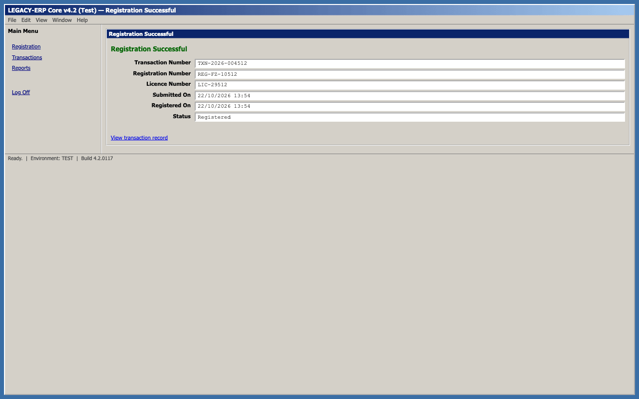 Confirms completion and logs it. Mock legacy ERP screen from a proof of concept, showing fictional data.